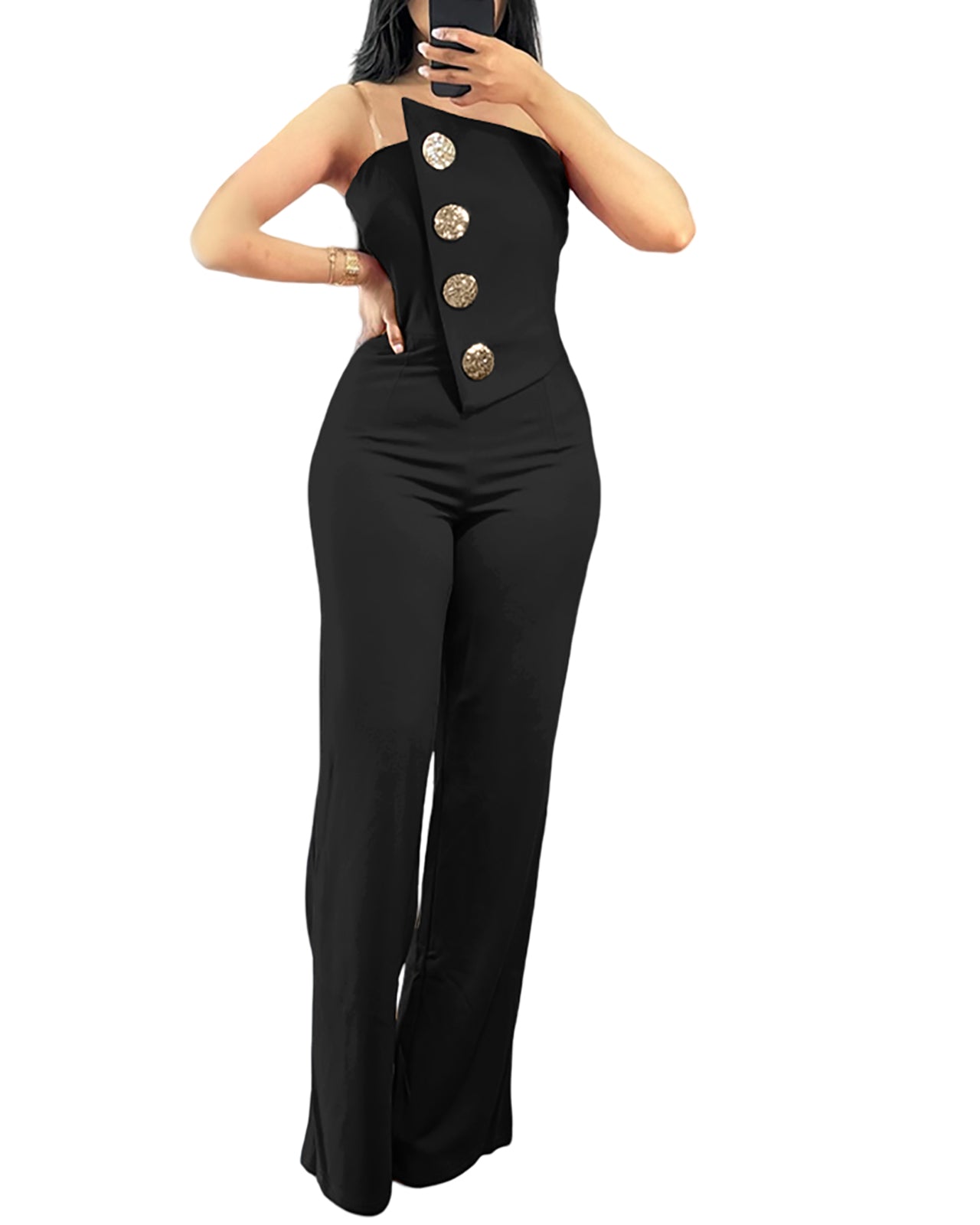 Asymmetrical Bandeau Strapless Jumpsuit Metal Button Decor Casual Overalls