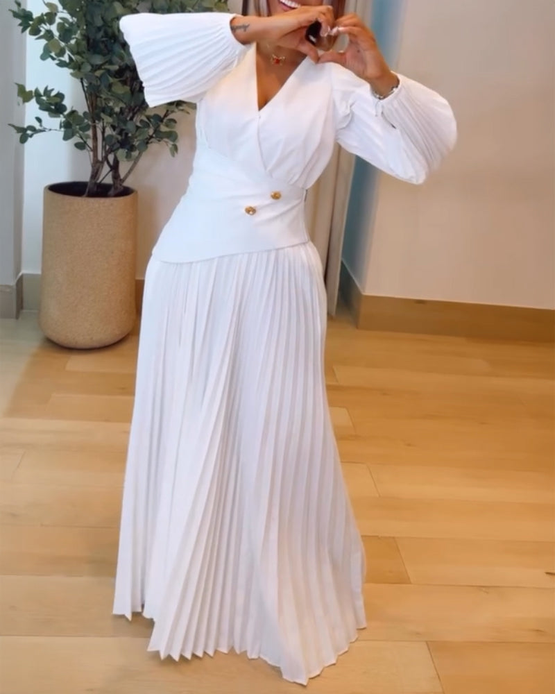 Button Decor Overlap V-Neck Pleated Puff Sleeve Zipper Side Commuting Dress Casual Cinched Waist Pleated Dress