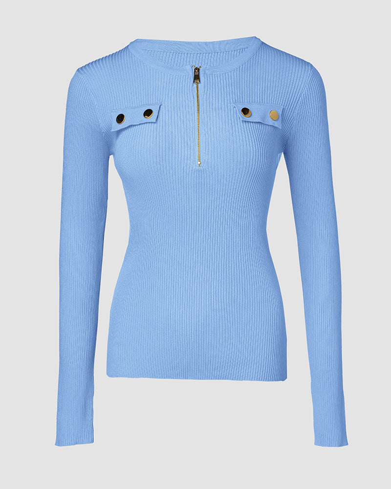 Crewneck Half Zipper Flap Detail Knit Sweater Long Sleeve Slim Fit Ribbed Pullover Top