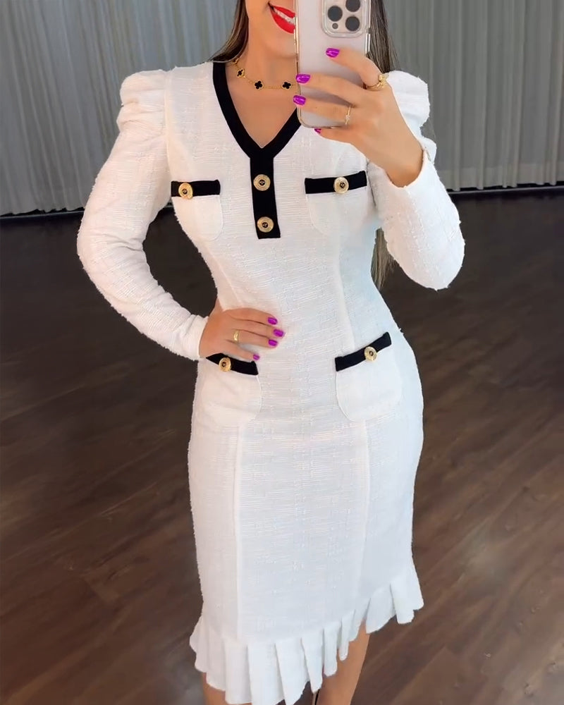 Button Decor Contrast Paneled V-Neck Puff Sleeve Zipper Back Commuting Dress Pockets Design Pleated Hem Tweed Dress