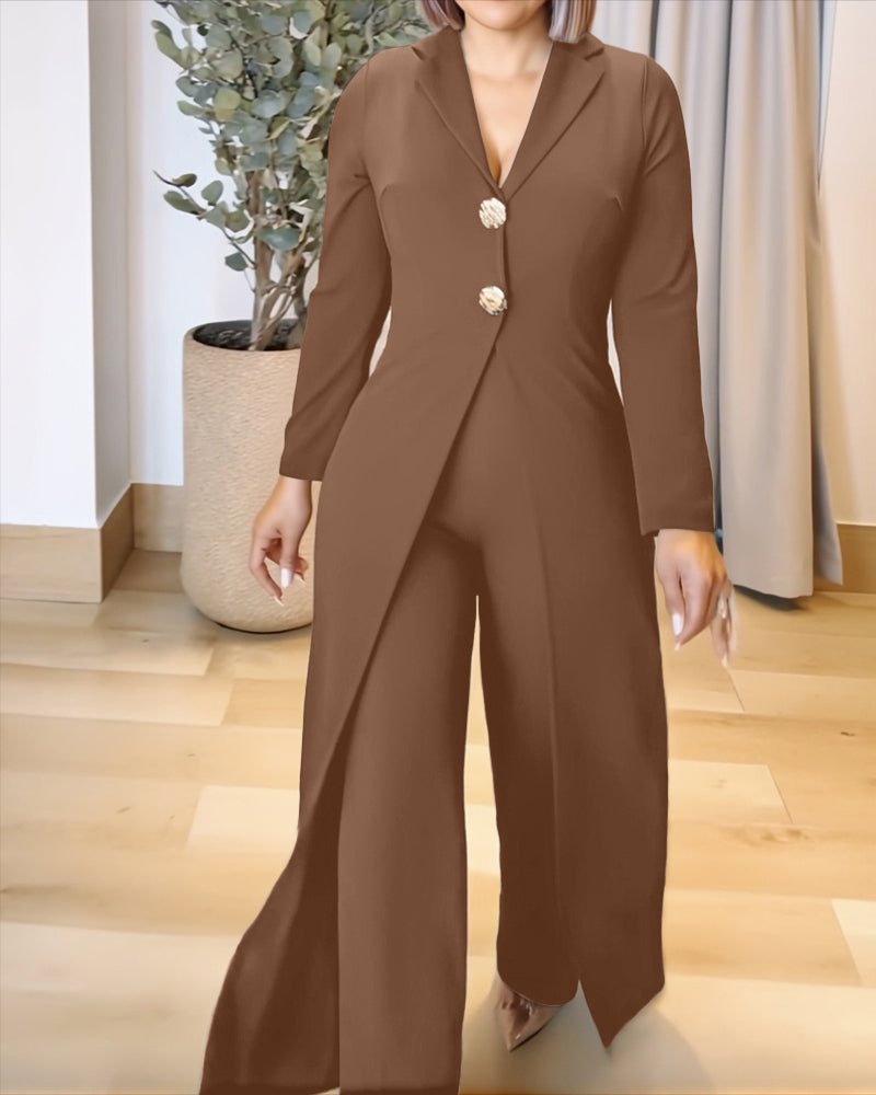 Notched Collar Long Sleeve Button Front Jumpsuit Casual Cinched Waist Wide Leg Faux Two Piece Jumpsuit