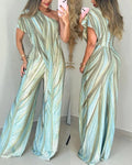 Colorblock Abstract Print One Shoulder Short Sleeve Zipper Side Overalls Casual Asymmetrical Wrap Design Wide Leg Jumpsuit