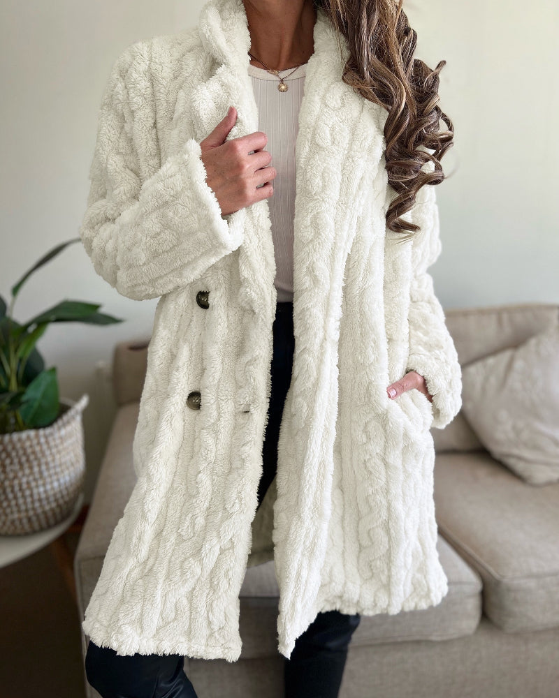 Cable Textured Lapel Neck Button Front Pocket Design Thermal Teddy Coat