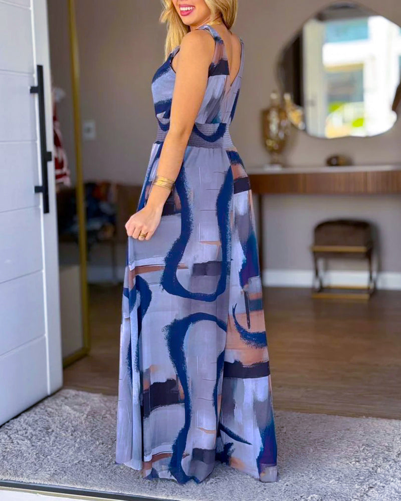 Vintage Abstract Oil Painting Print V-Neck Stretchy Thick Straps High Waist Backless Overalls Casual Shirred Waist Cinched Waist Wide Leg Jumpsuit