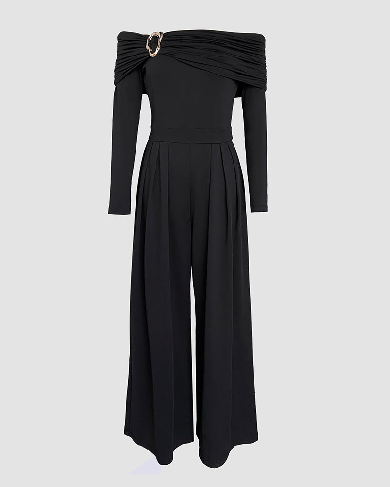 Metal Ring Decor Off Shoulder Ruched High Waist Jumpsuit Casual Cinched Waist Wide Leg Jumpsuit