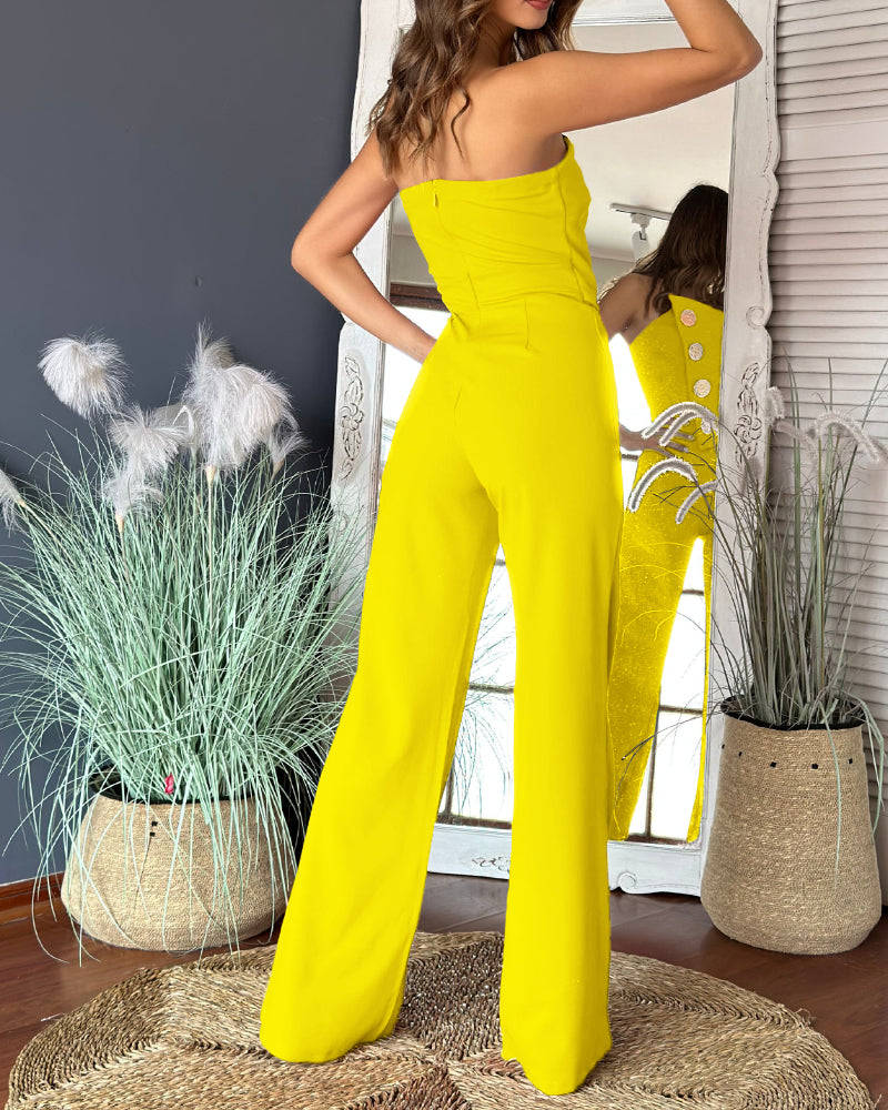 Asymmetrical Bandeau Strapless Jumpsuit Metal Button Decor Casual Overalls
