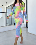 Tie Dye Print Foldover Off Shoulder Long Sleeve Textured Bodycon Dress Casual Ripped Detail High Strech Vacation Dress