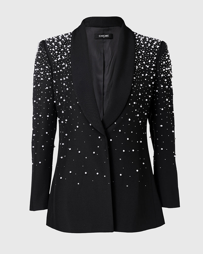 Rhinestone & Pearls Decor Shawl Collar Long Sleeve Blazer Coat
