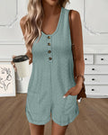 U-Neck Sleeveless Hollow-out Jacquard Textured Romper Casual Half Button Front Pockets Design Romper with Lining