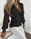 Star Pattern Deep V-Neck Mesh Lantern Sleeve Blouse Casual Ruched Cinched Waist Glitter Top