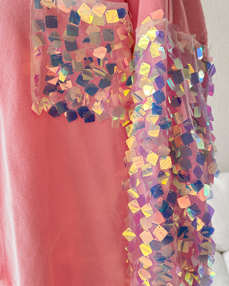 Contrast Sequin Long Sleeve Jacket Top Button Front Raw Hem Loose Fit Shacket