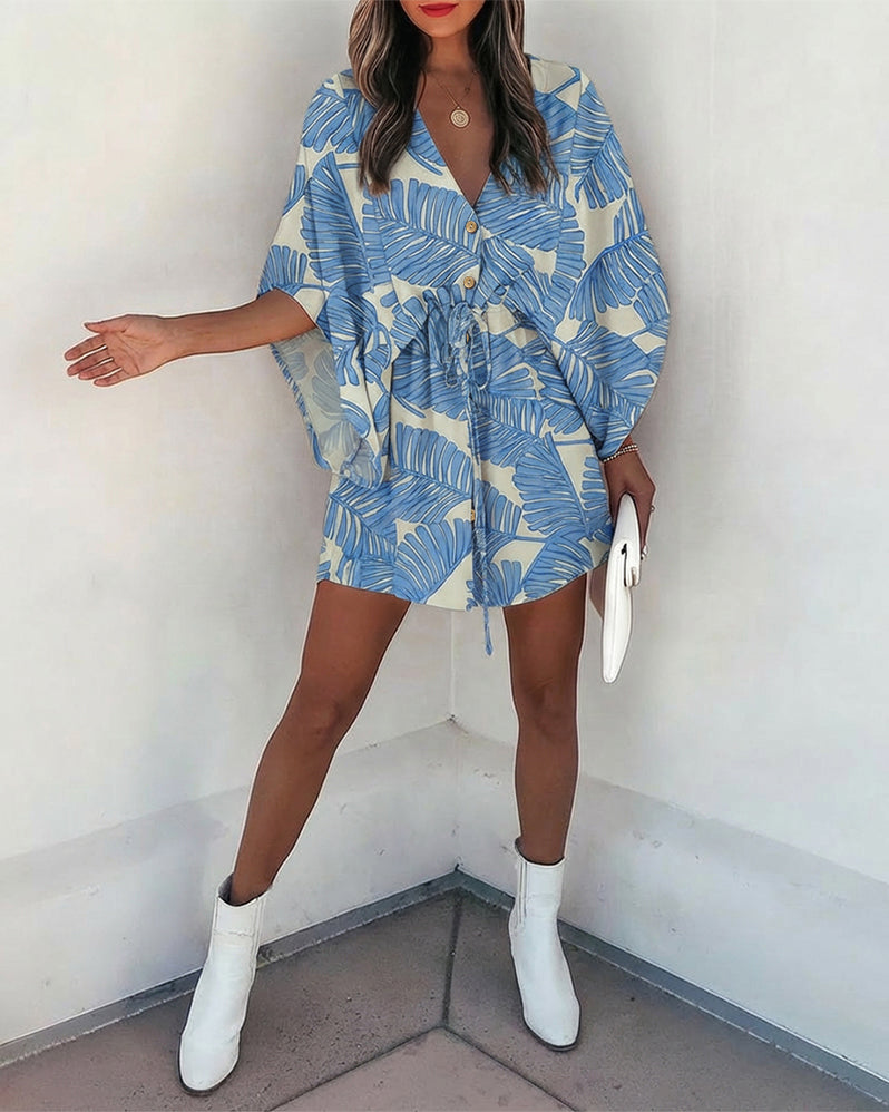 Tropical Plants Print V-Neck Bell Sleeve Button Front Mini Dress Casual Drawstring Waist Vacation Dress