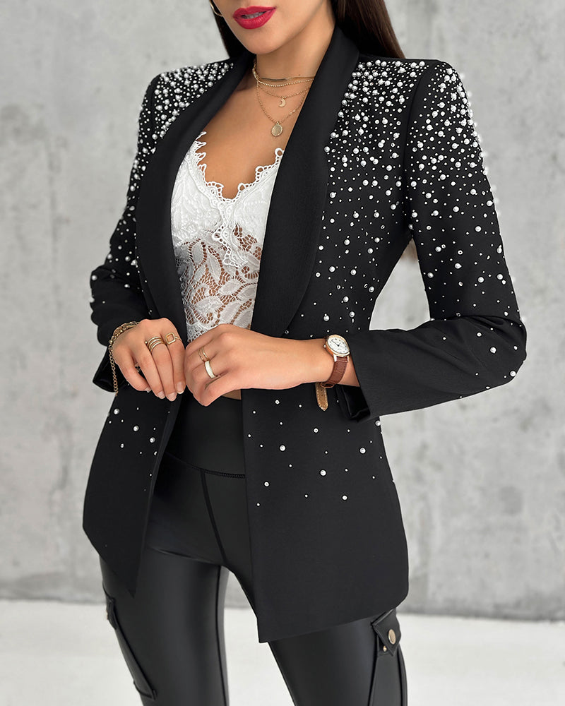 Rhinestone & Pearls Decor Shawl Collar Long Sleeve Blazer Coat