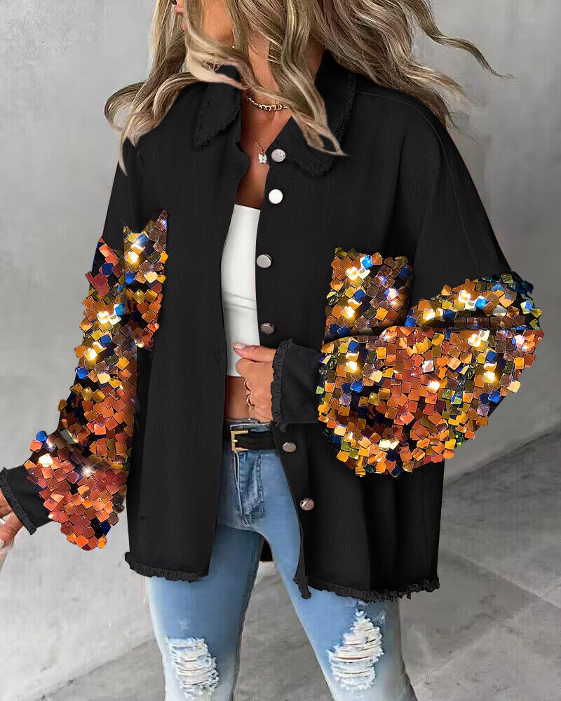Contrast Sequin Long Sleeve Jacket Top Button Front Raw Hem Loose Fit Shacket