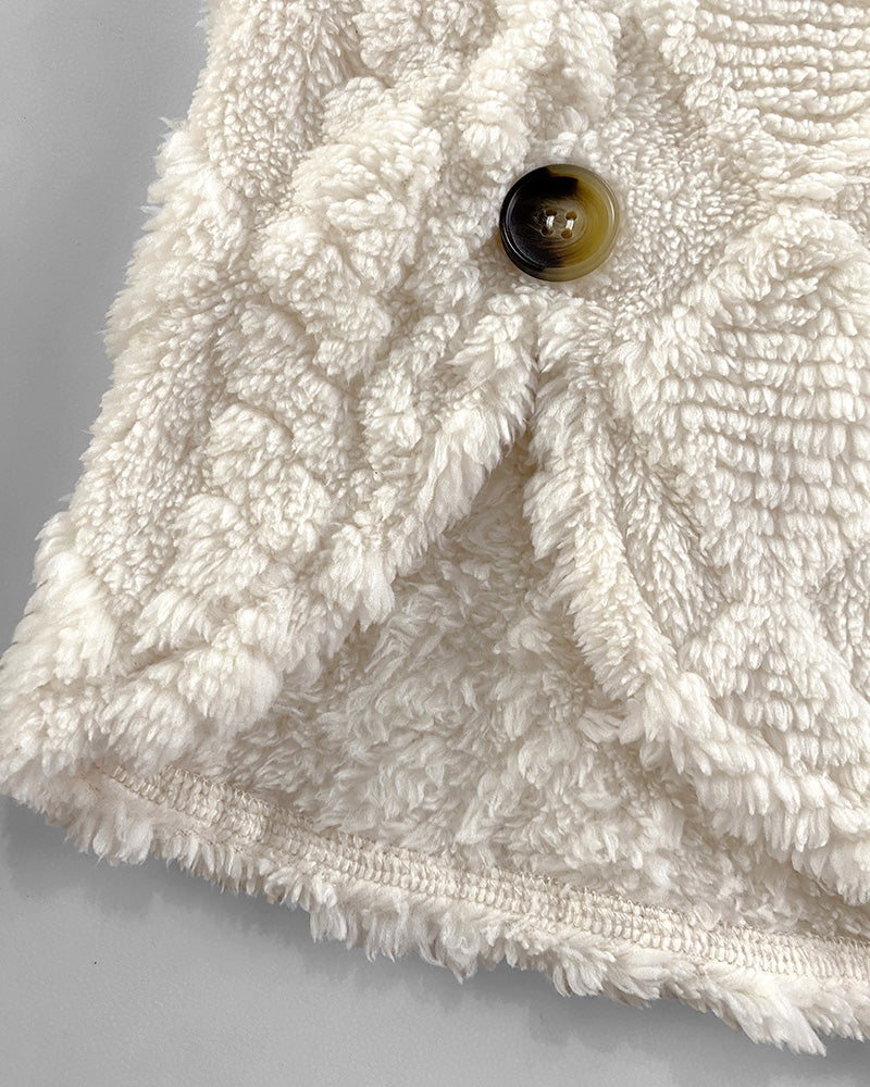 Argyle Textured Button Down Side Slit Long Sleeve Fleece Teddy Coat Hooded Jacket Warm Outwear