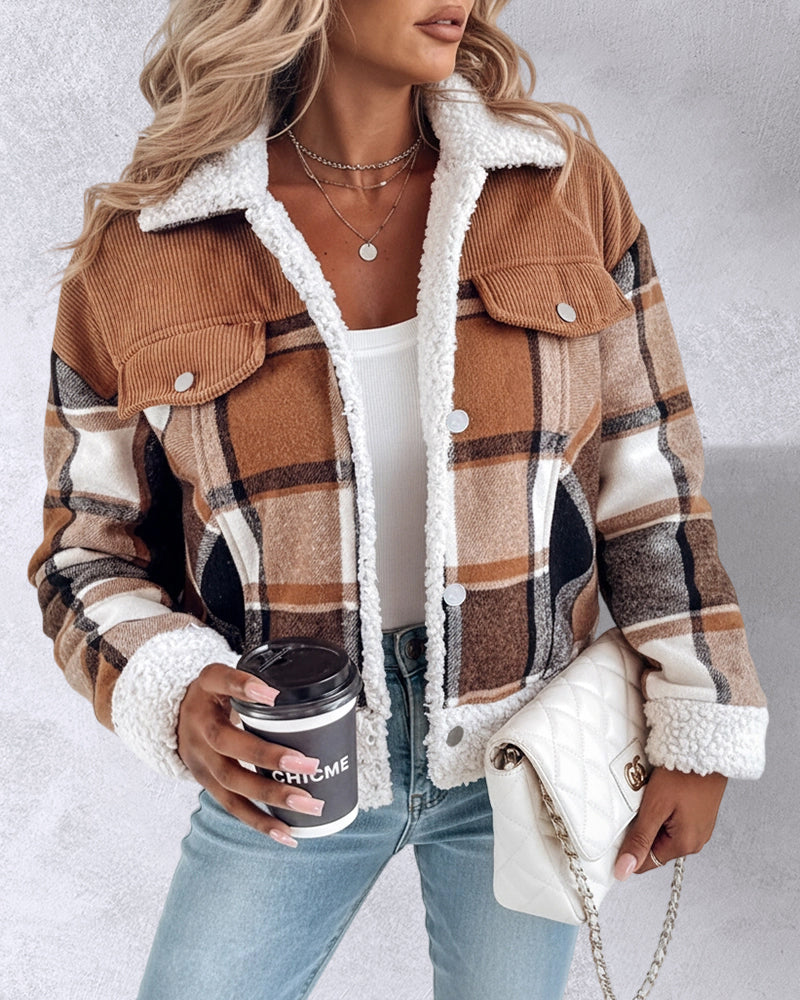 Vintage Plaid Print Corduroy Spliced Turn-down Collar Button Front Thermal Lined Jacket Casual Flap Detail Faux Shearling Trim Crop Warm Coat