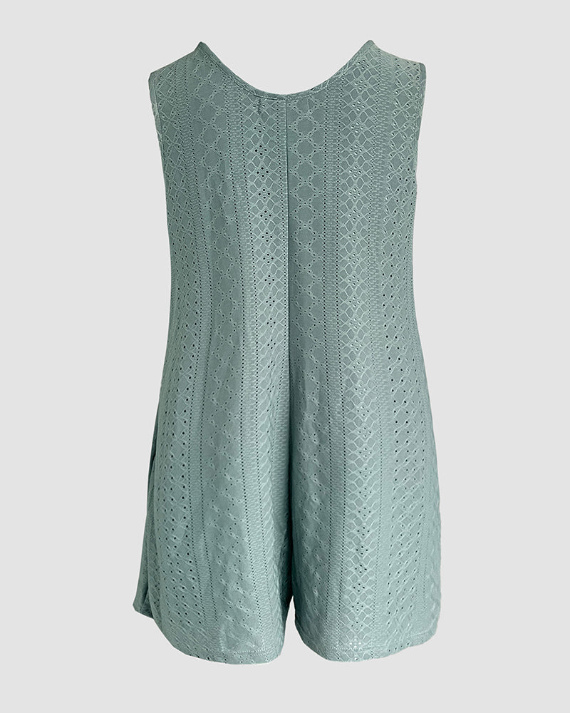 U-Neck Sleeveless Hollow-out Jacquard Textured Romper Casual Half Button Front Pockets Design Romper with Lining
