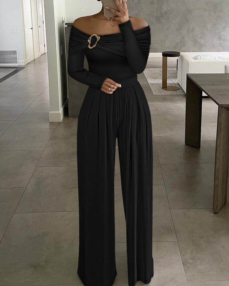 Metal Ring Decor Off Shoulder Ruched High Waist Jumpsuit Casual Cinched Waist Wide Leg Jumpsuit