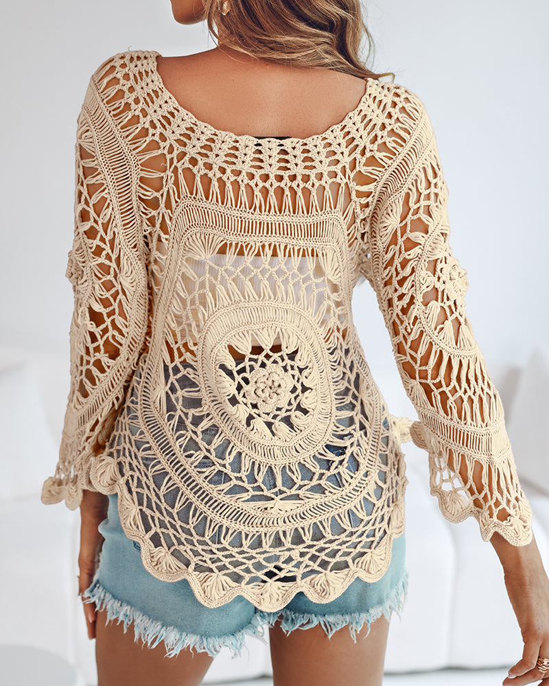 Boat Neck Batwing Sleeve Hollow-out Casual Top Asymmetrical Scallop Hem Crochet Pattern Cover Up