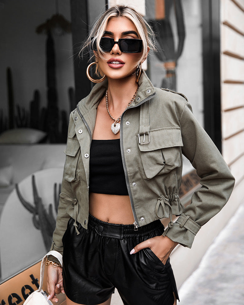 High Neck Zip Up Snap Button Front Flap Pockets Design Cargo Biker Jacket Casual Drawstring Crop Coat