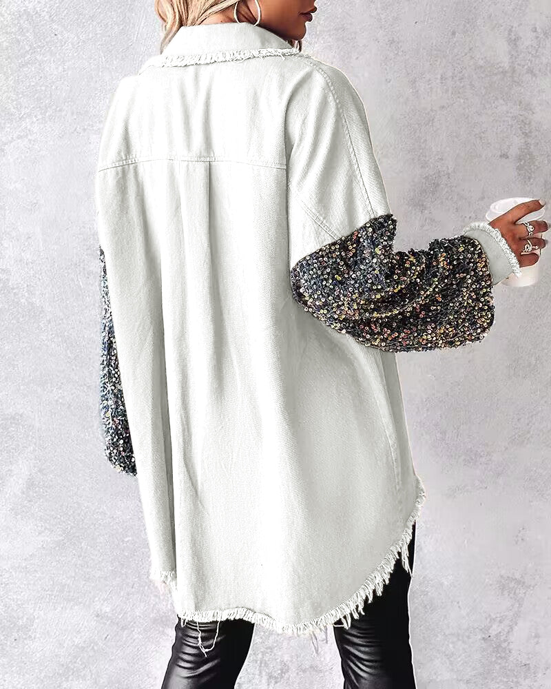 Casual Jacket Sequin Patchwork Long Sleeve Jacket Top Button Front Raw Hem Oversized Denim Shacket