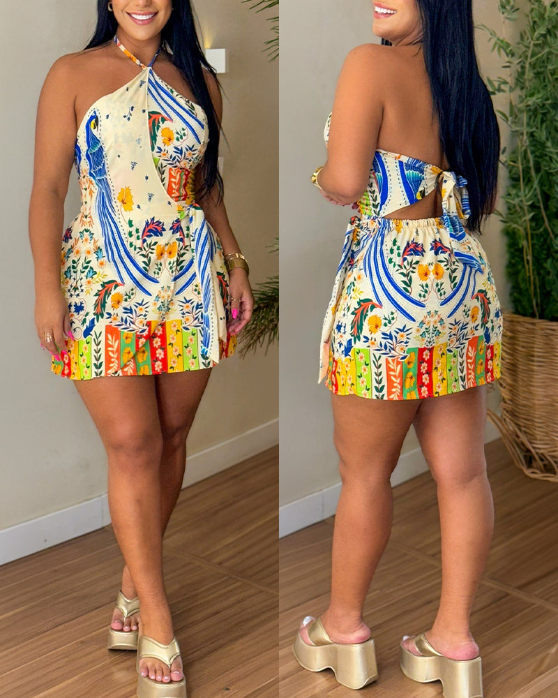 Tropical Floral Print Halter Tie Backless Tie Back Romper Casual Elastic Back Waist Wrap Front Tie Side Skorts Romper