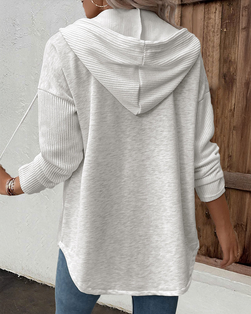 Long Sleeve Knit Ribbed Spliced Button Front Drawstring Hoodie Jacket Casual Drop Shoulder Pocket Design Asymmetrical Hem Coat