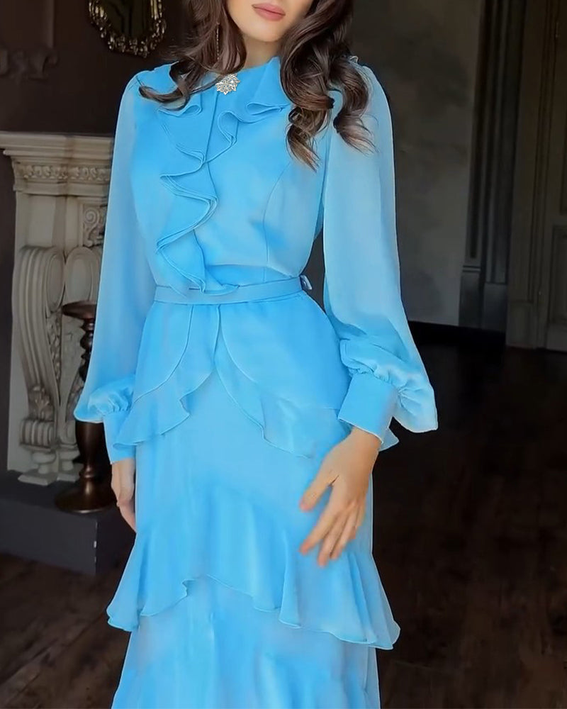 French Style Rhinestone Decor Ruffles Round Neck Lantern Sleeve Asymmetrical Hem Dress Zipper Back Layered Ruffle Hem Chiffon Evening Dress with Belt