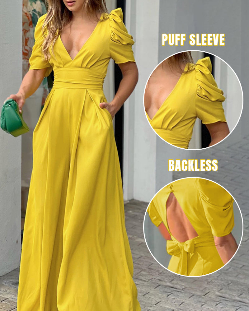 Puff Sleeve Plunge Wide Leg Jumpsuit