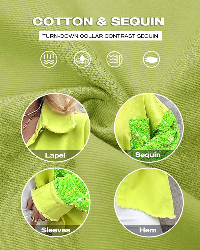 Casual Jacket Sequin Patchwork Long Sleeve Jacket Top Button Front Raw Hem Oversized Denim Shacket