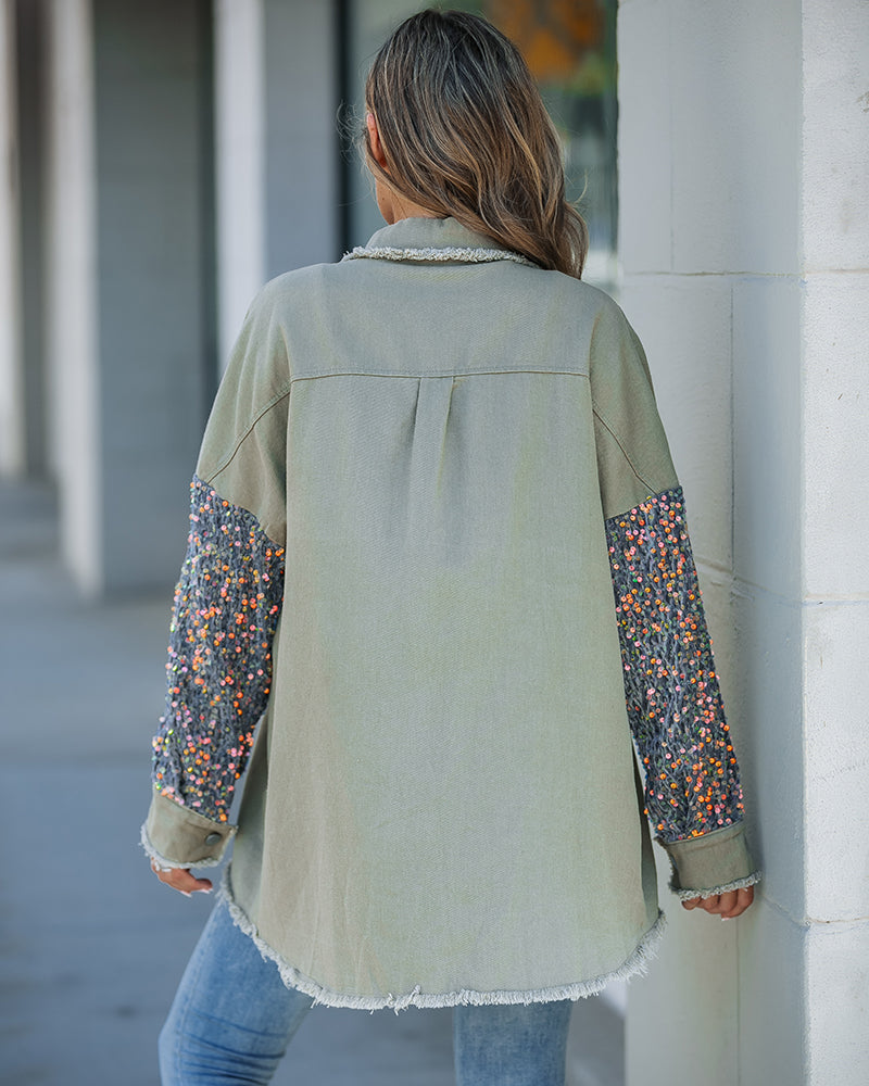 Casual Jacket Sequin Patchwork Long Sleeve Jacket Top Button Front Raw Hem Oversized Denim Shacket