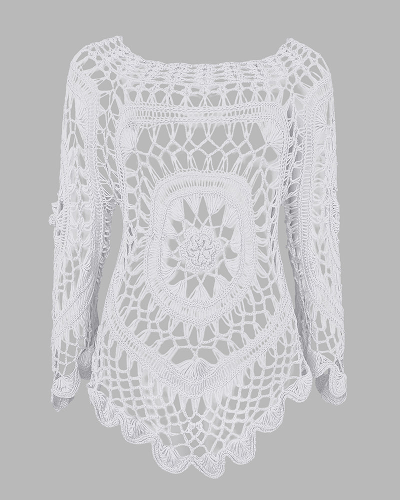 Boat Neck Batwing Sleeve Hollow-out Casual Top Asymmetrical Scallop Hem Crochet Pattern Cover Up