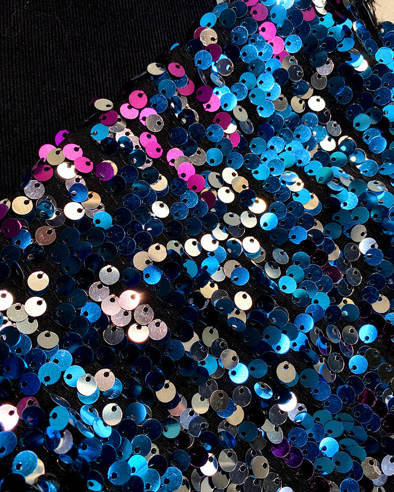 Colorblock Sequin Patchwork Long Sleeve Jacket Top Button Front Raw Hem Shacket