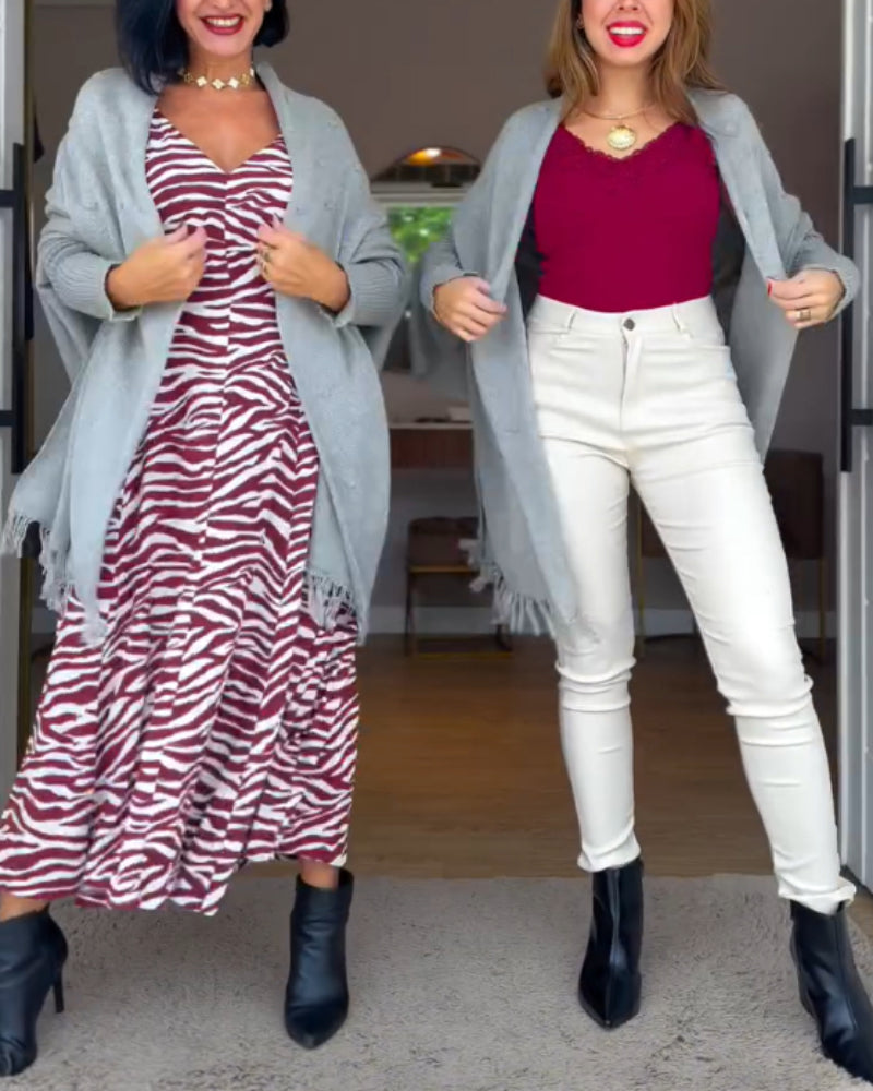 Tassel Design Long Sleeve Slit Cardigan Fashion Versatile Warm Cape Shawl