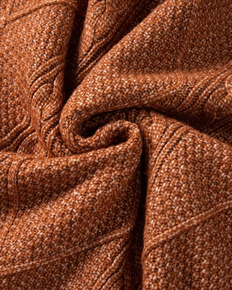 Round Neck Long Sleeve Drop Shoulder Pullover Sweater Casual Loose Fit Cable Knit Mid Length Sweater