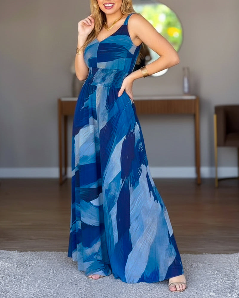 Vintage Abstract Watercolor Print V-Neck Stretchy Thick Straps High Waist Backless Overalls Casual Shirred Waist Cinched Waist Wide Leg Jumpsuit