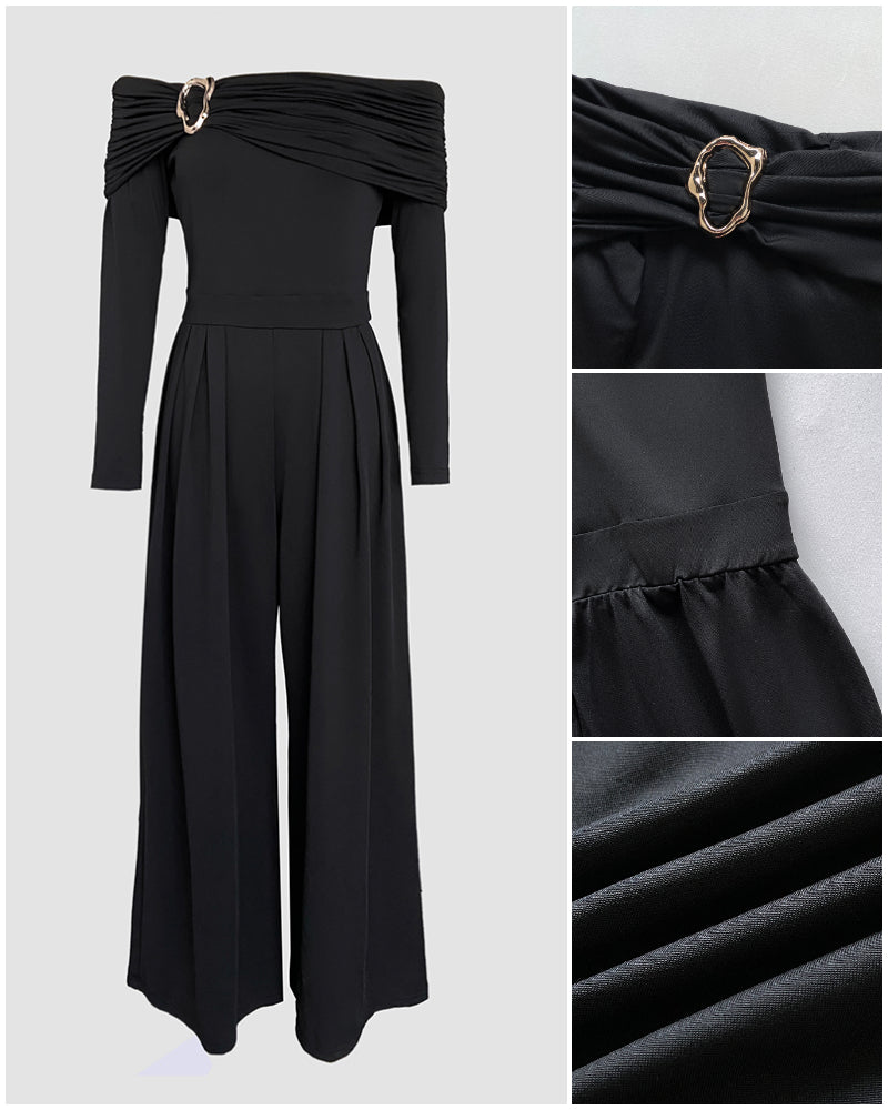 Metal Ring Decor Off Shoulder Ruched High Waist Jumpsuit Casual Cinched Waist Wide Leg Jumpsuit