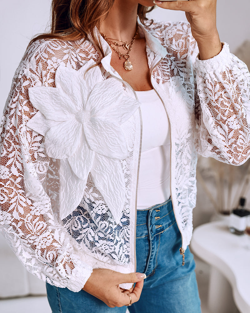 3D Flower Decor Stand Collar Zipper Front Sheer Lace Crop Jacket Casual Stretchy Cuffs Lightweight Breathable Loose Fit Coat
