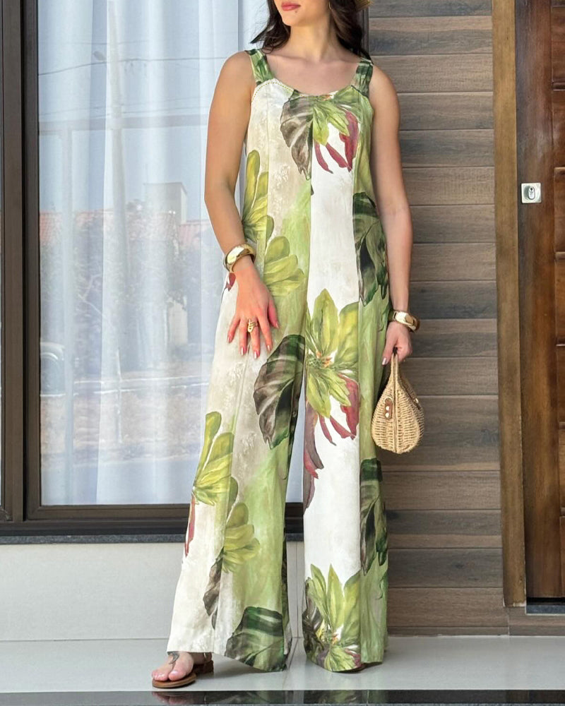 Plants Print Thick Strap Seam Jumpsuit Casual Wide Leg Jumpsuit