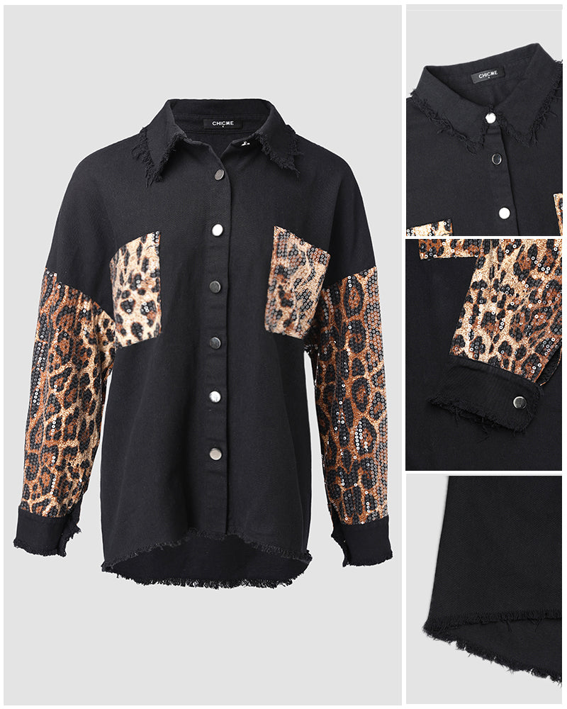 Contrast Leopard Sequin Patchwork Long Sleeve Jacket Top Button Front Raw Hem Shacket