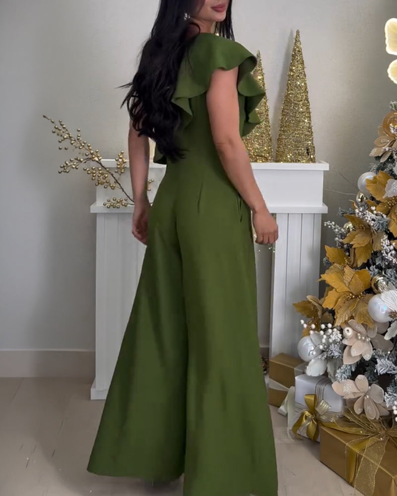 V-Neck Adjustable Spaghetti Straps Backless Overalls Casual Zipper Back Wide Leg Jumpsuit with Convertible Ruffles Tie Panel