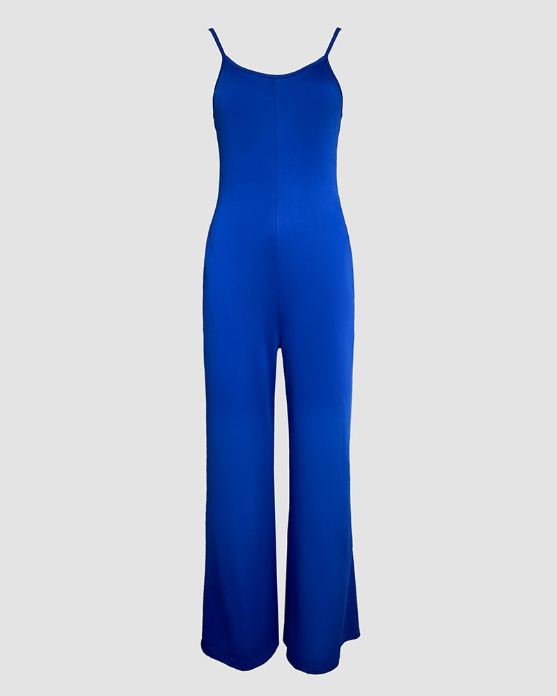 Spaghetti Strap Round Neck Comfy Jumpsuit Casual Slim Fit Romper with Pockets