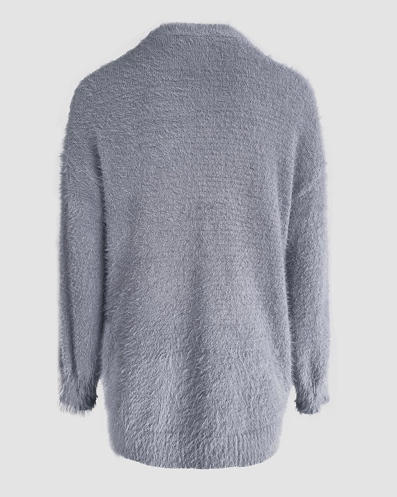 V-Neck Single Breasted Fuzzy Cardigan Casual Minimalist Sweater Coat