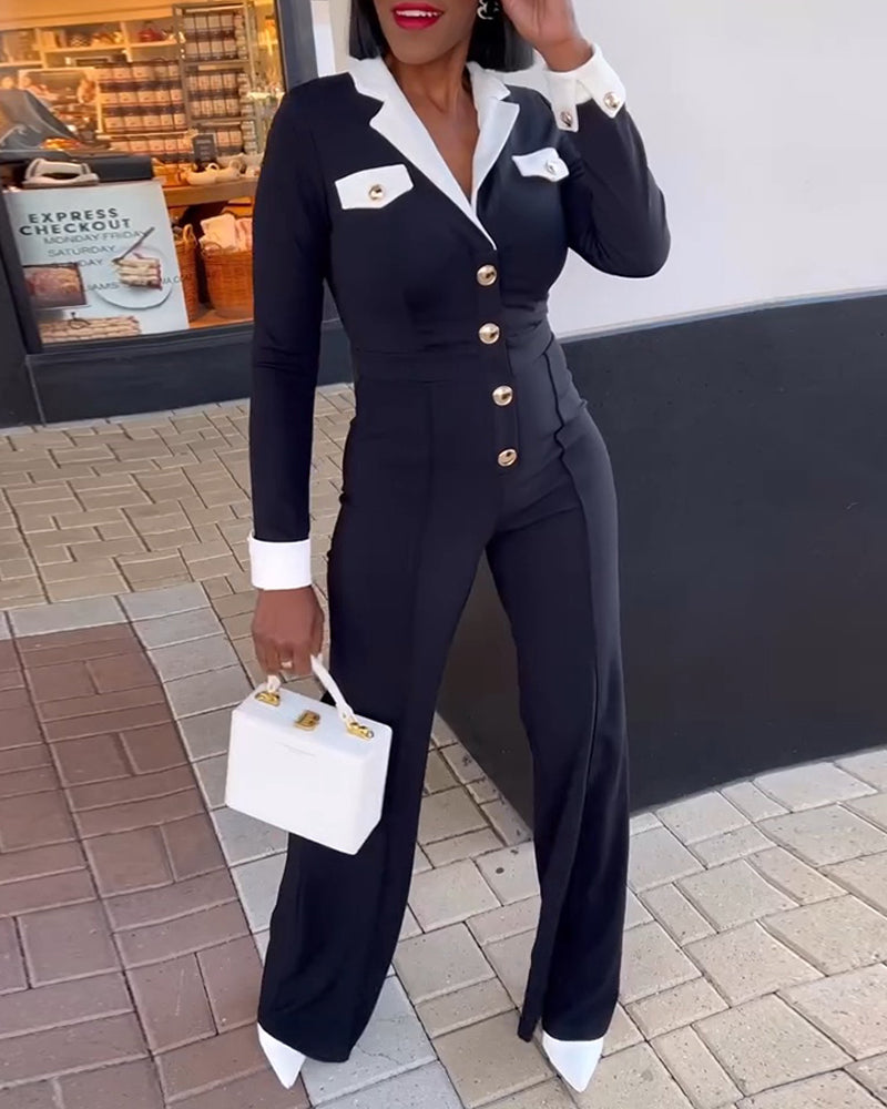 Colorblock Long Sleeve Jumpsuit with Turn-down Collar Casual Metal Button Details Wide Leg Romper