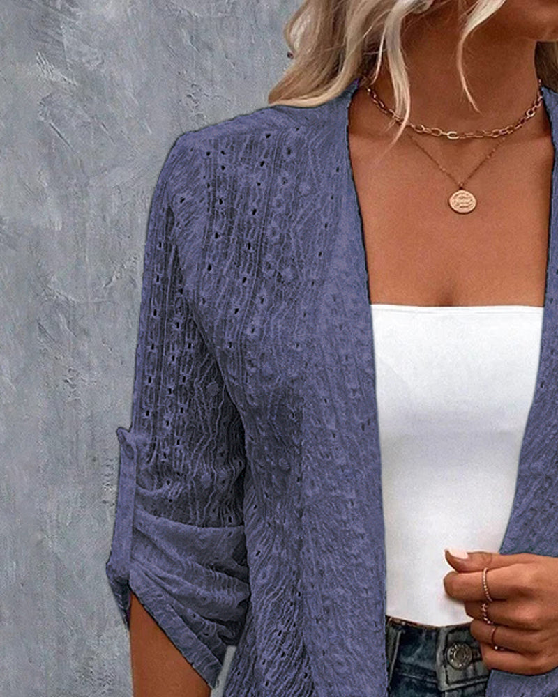 Eyelet Embroidery Turn-Up Sleeves Open Front Coat