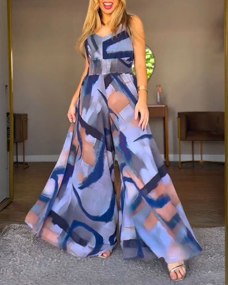 Vintage Abstract Oil Painting Print V-Neck Stretchy Thick Straps High Waist Backless Overalls Casual Shirred Waist Cinched Waist Wide Leg Jumpsuit