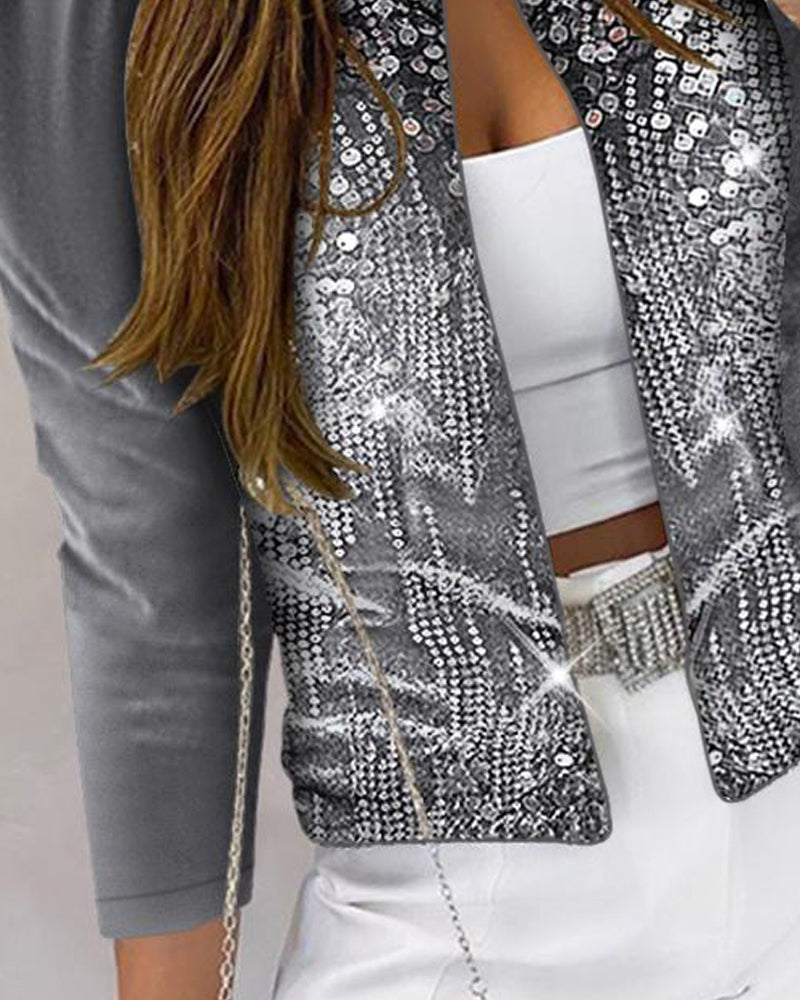 Velvet Open Front Puff Sleeve Contrast Sequin Coat