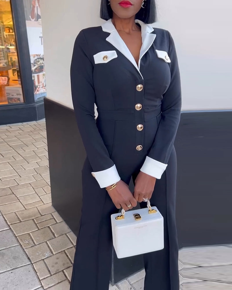 Colorblock Long Sleeve Jumpsuit with Turn-down Collar Casual Metal Button Details Wide Leg Romper