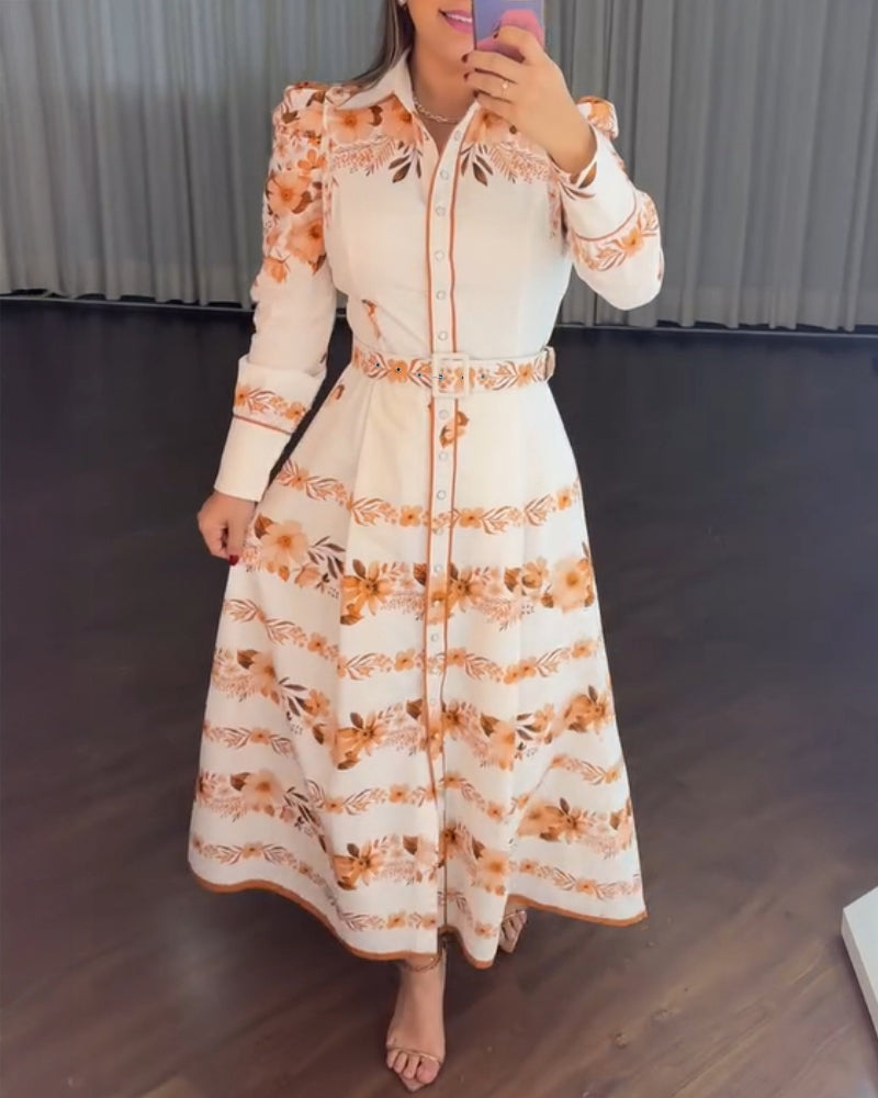 Floral Placement Print Turn-down Collar Puff Sleeve Vacation Dress Casual Button Down Shirt Dress With Belt and Lining