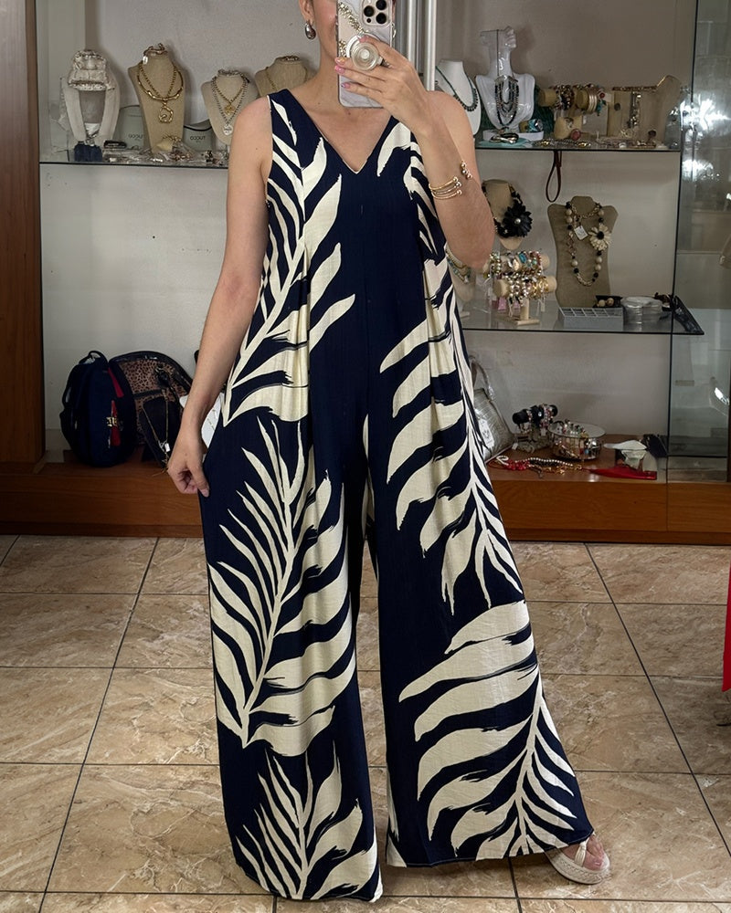 Tropical Plants Print V-Neck Sleeveless Zipper Back Overalls Casual Ruched Wide Leg Loose Fit Jumpsuit